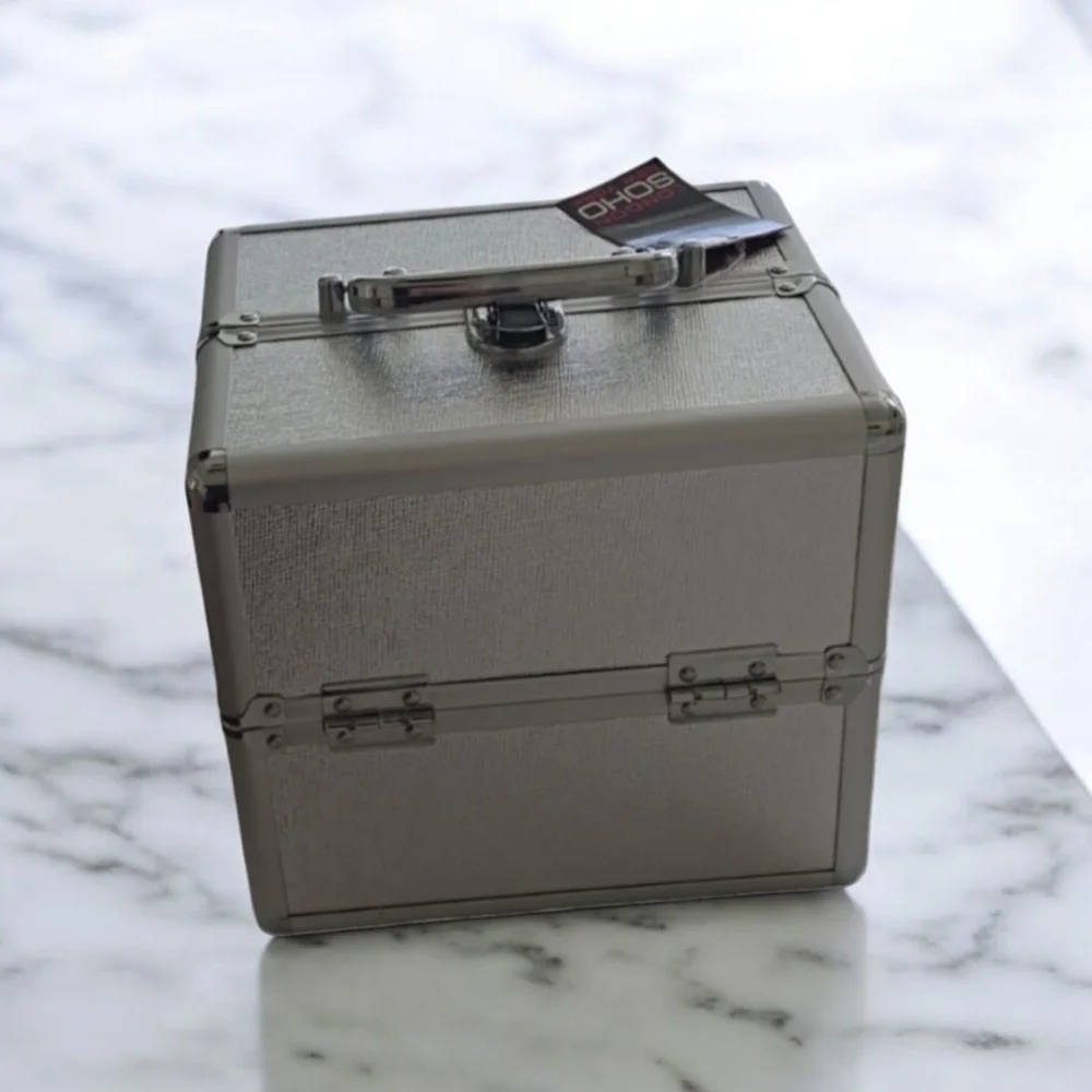Silver Makeup Organizer with Sturdy Handle and Secure Latches